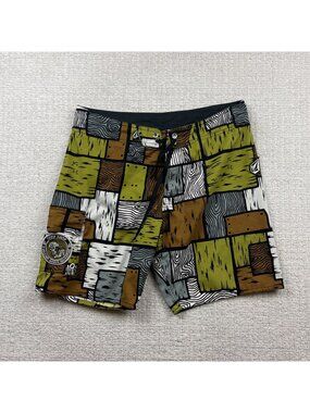 Y2K Volcom x Camp Ramp Wood Pattern AOP Brown Green Board Shorts Sz 34 Grunge